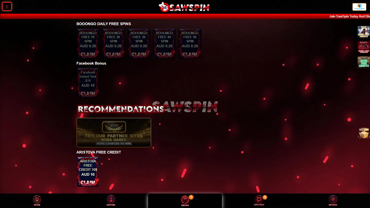 Sawspin Casino promotions screen on desktop