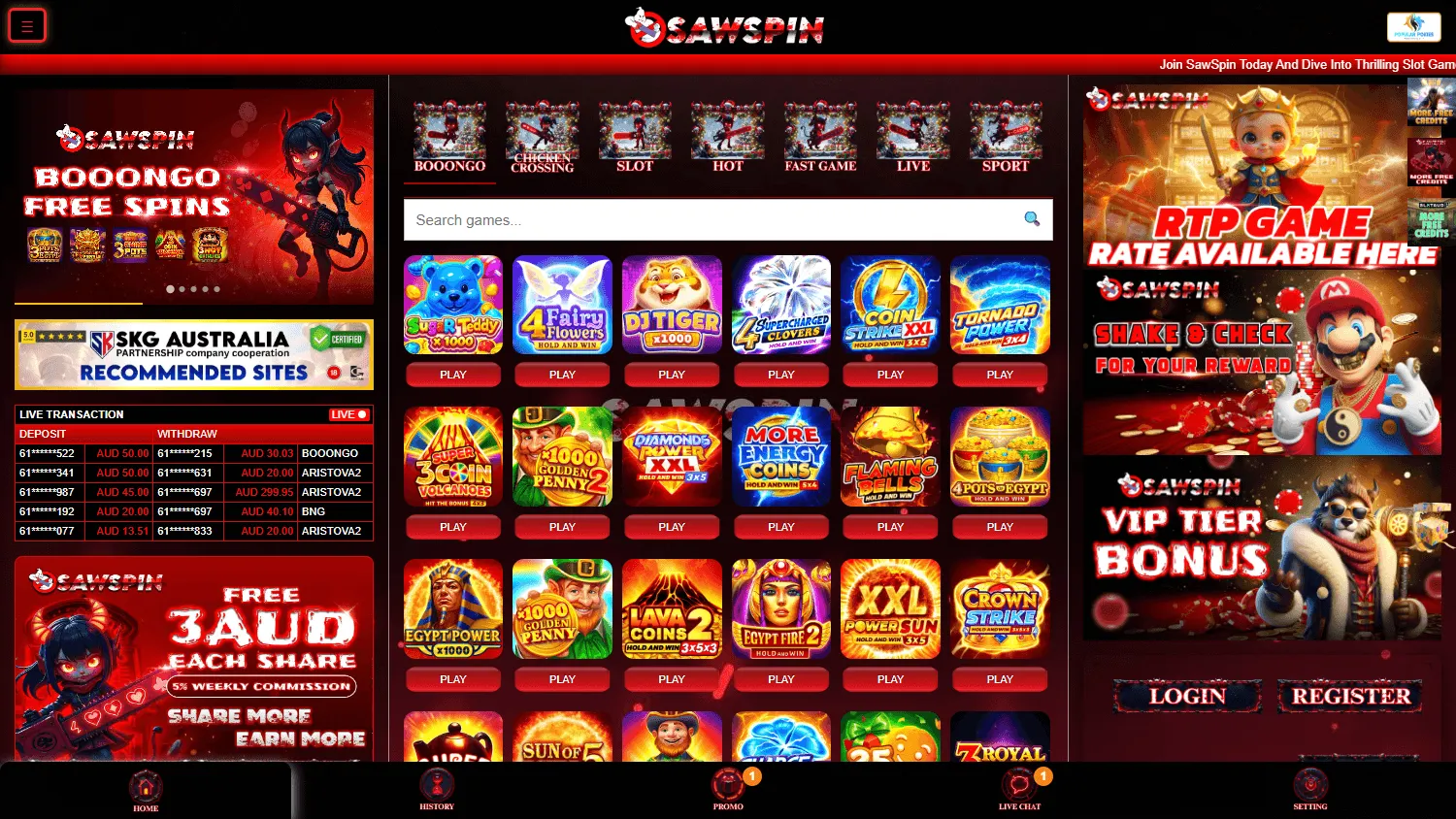 Sawspin Casino home screen on desktop