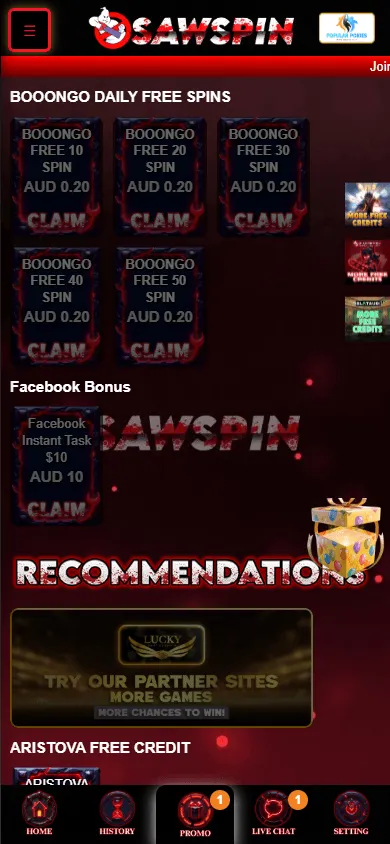 Sawspin Casino promotions screen on mobile