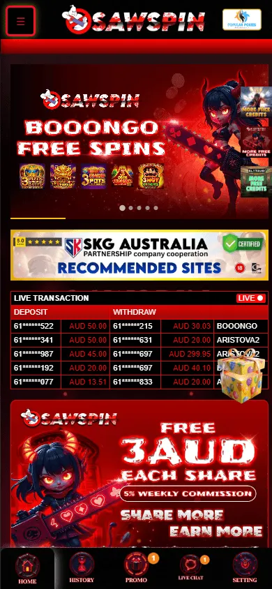 Sawspin Casino home screen on mobile